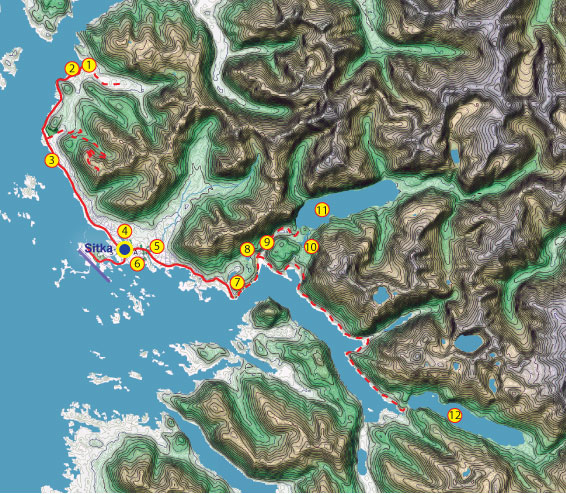 Map of the road system on Baranof Island, in the vicinity of Sitka, Alaska