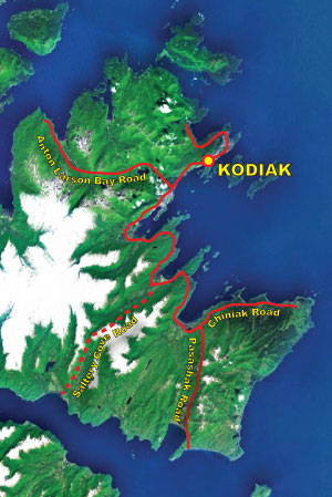 map of the road system on Kodiak Island, Alaska