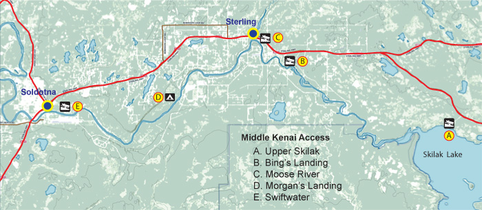 Map showing boat launches on the middle Kenai River, Alaska