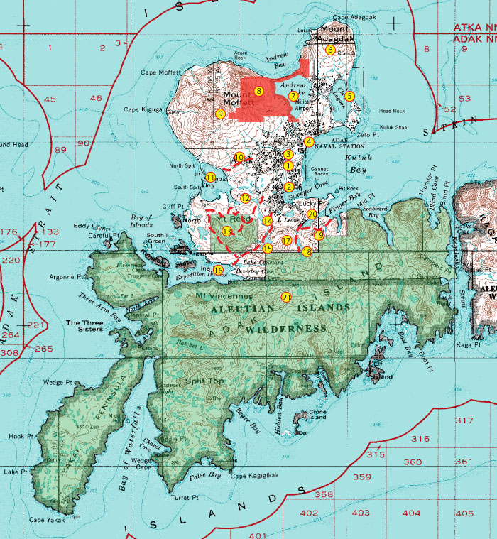 Map of Adak Island, Alaska, showing points of interest.