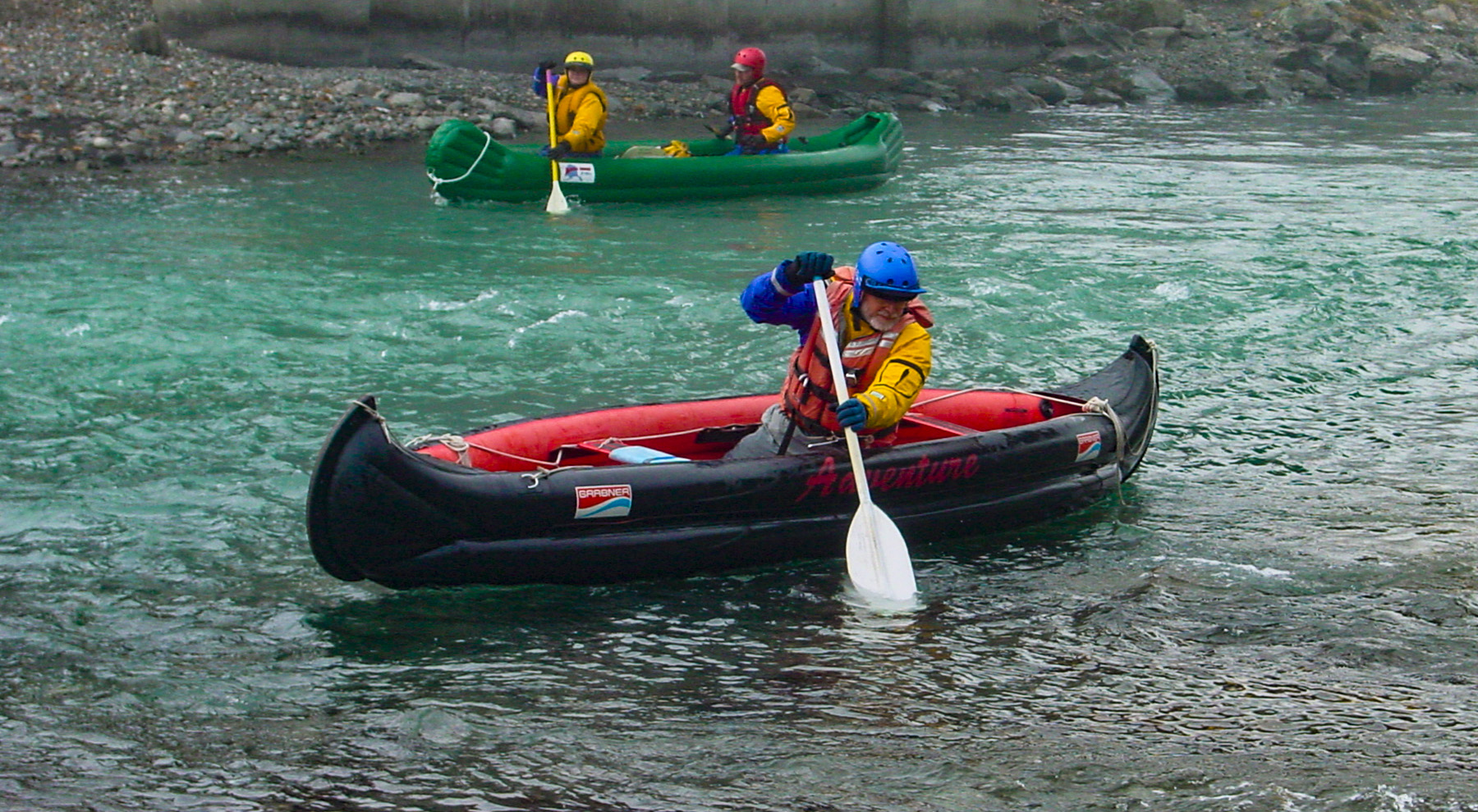 Jack Mosby testing a Grabner inflatable canoe on Eagle River, Alaska